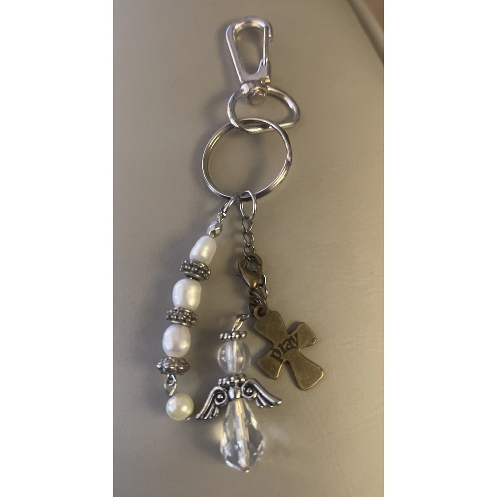 Purse Charm Cross Pendant Charm Handmade Angel Beads Silver Tone